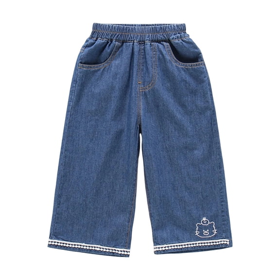 Landzoo Toddler Girls Denim Pants Graphic Wide Leg Jeans Lightweight Breathable Fall Casual Kid Girls Baggy Trousers