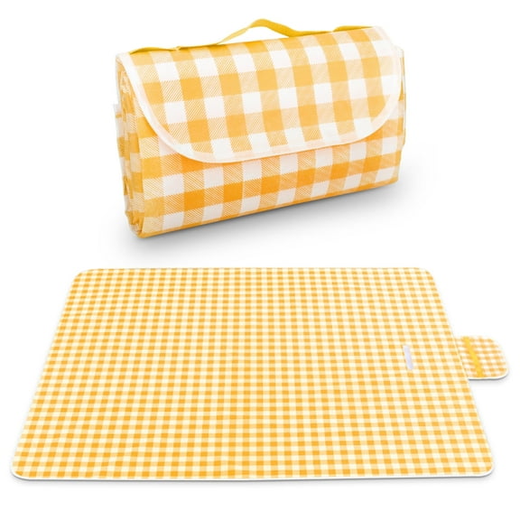 DISEN Picnic Blanket, Outdoor Handy Mat Tote Waterproof Sandproof Padding Portable Plaid Mat for Lawn Park Beach, Yellow