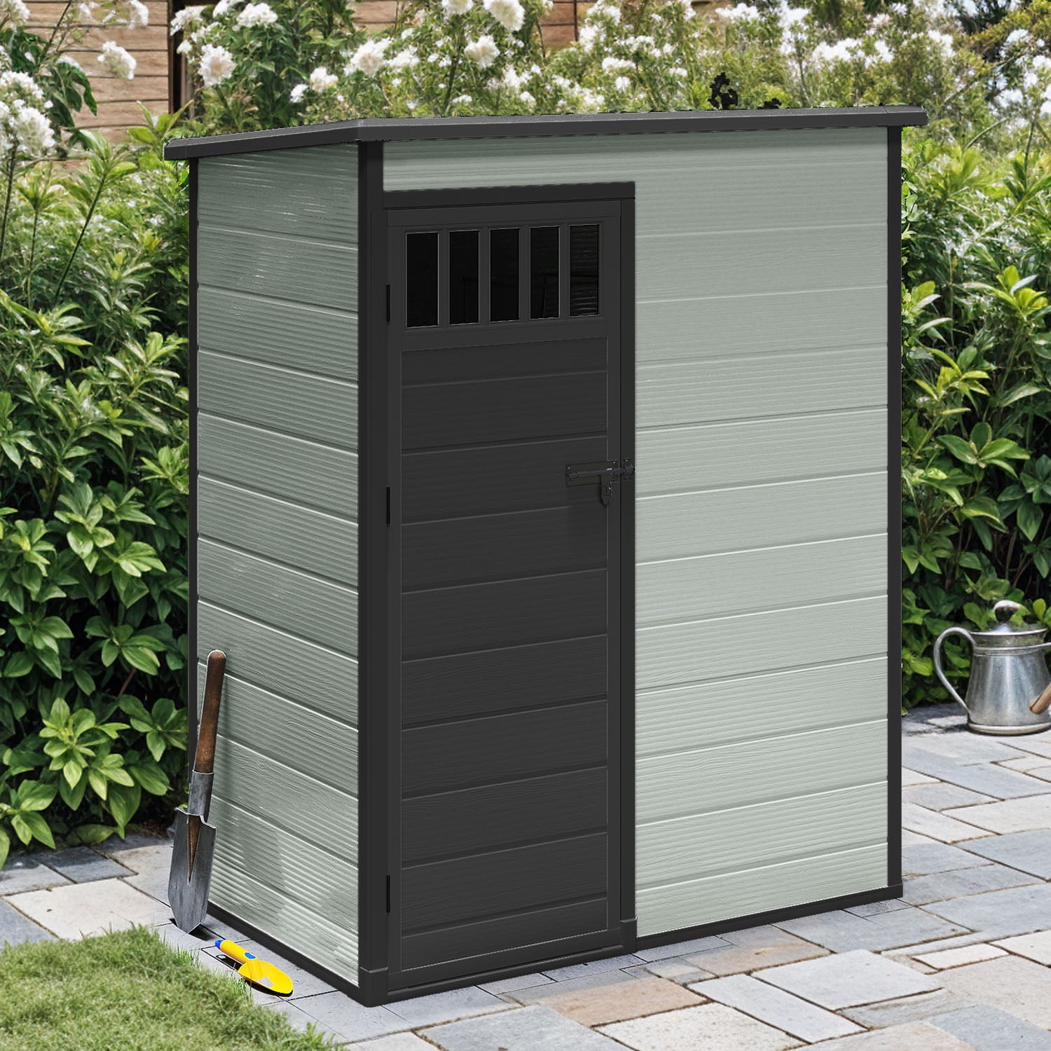 Dextrus 5x3FT Outdoor Storage Shed with Windows, Floor, Lockable Doors, Waterproof Plastic, Blue Gray