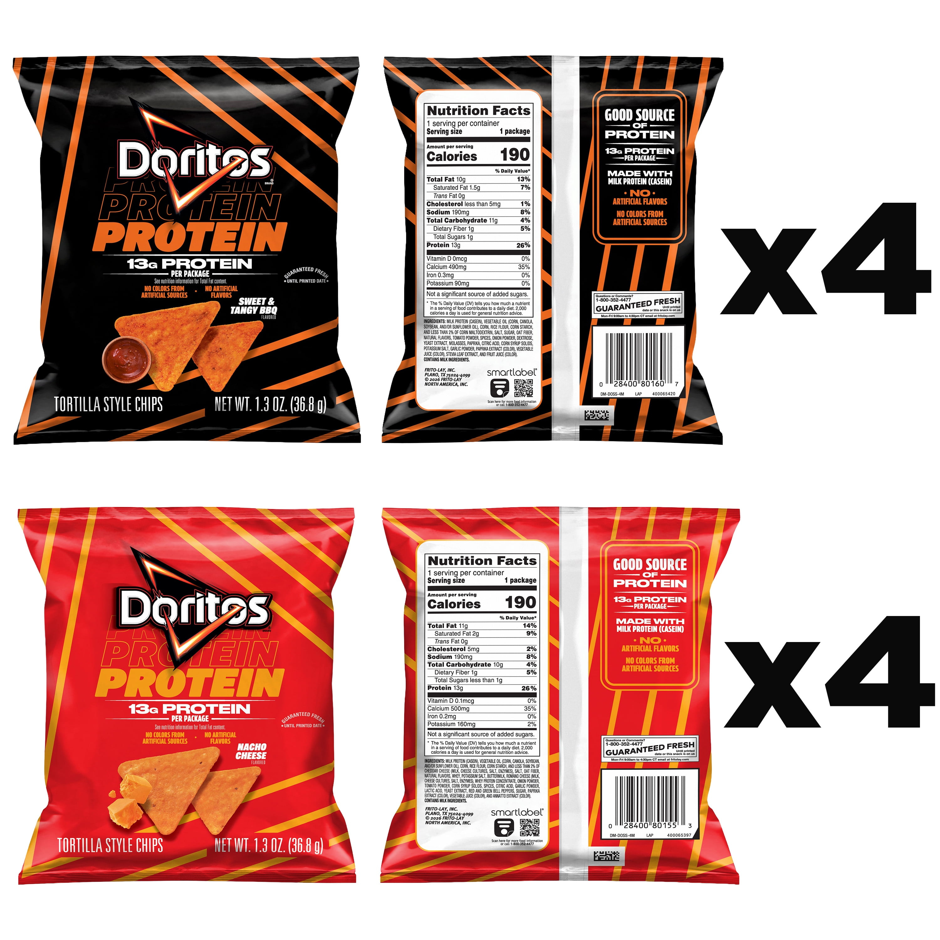 Doritos Protein Tortilla Chips, Nacho Cheese and Sweet Tangy Barbecue, No Colors from Artificial Sources, No Artificial Flavors, 8 Pack
