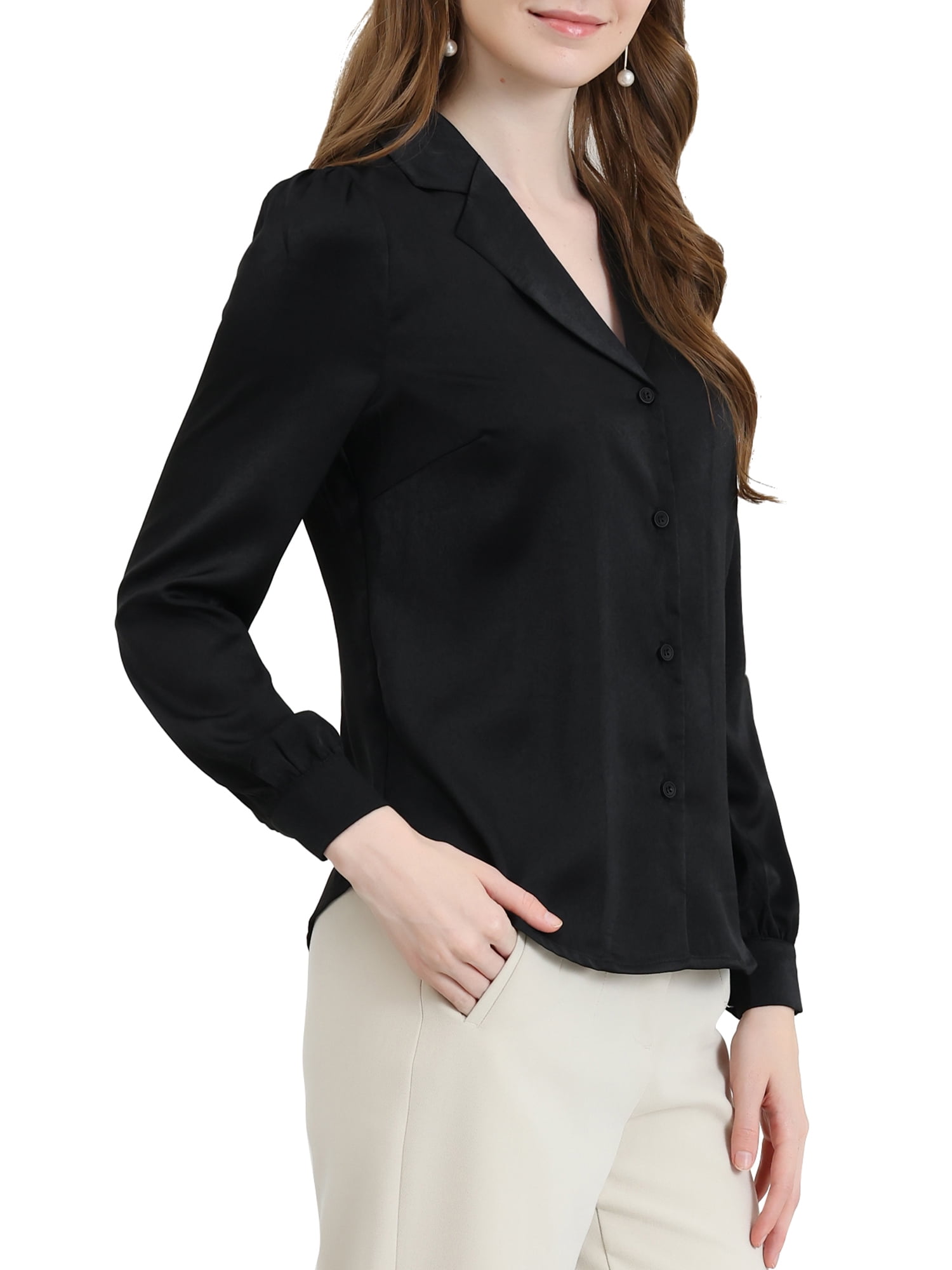 DARING DIVA Women's Flat Collar Button Down Office Satin Shirt L Black