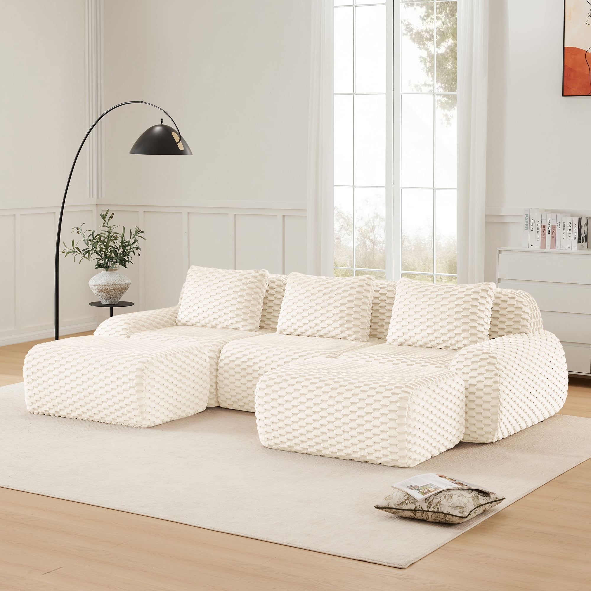 MAYEERTY 114" U-Shaped Modular Sofa, Textured Flannelette, Movable Ottoman, Pet-Friendly, No Assembly, Cream