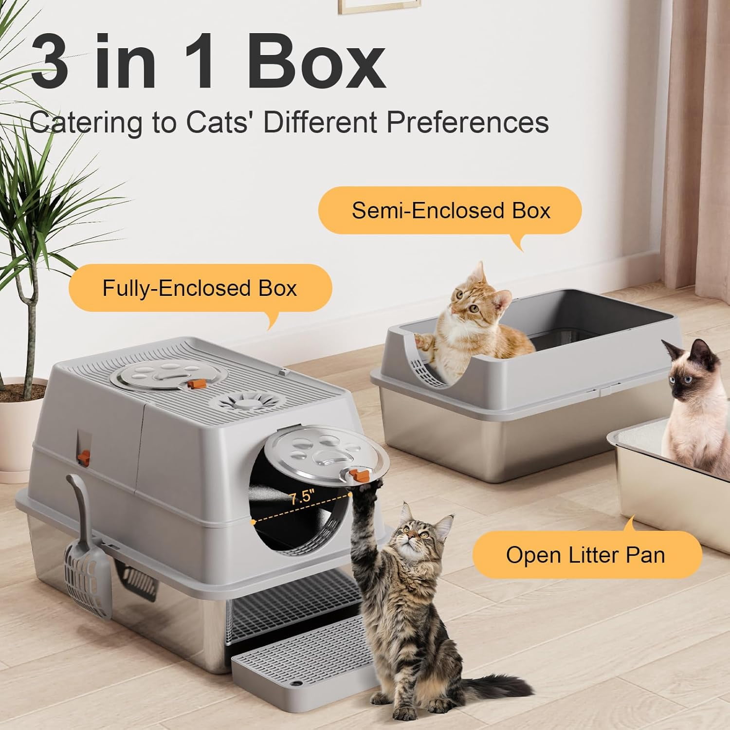 tainless Steel Litter Box with Lid, XL Extra Large Enclosed Cat Litter Box Fits All Cats Modular Design with Flip Cover, Top Entry Metal High Sided Cat Box & Pedal & Scoop