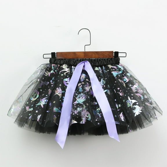 Odeerbi Toddler Girls Halloween Tulle Tutu Skirt Halloween New Puff Skirt Printed Mesh Pumpkin Skirt Childrens Short Skirt Black