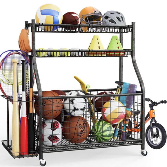 Sports Equipment Garage Organizer, Basketball Rack, Rolling Wheels, with Hooks and Baskets, Indoor and Outdoor Use, Black