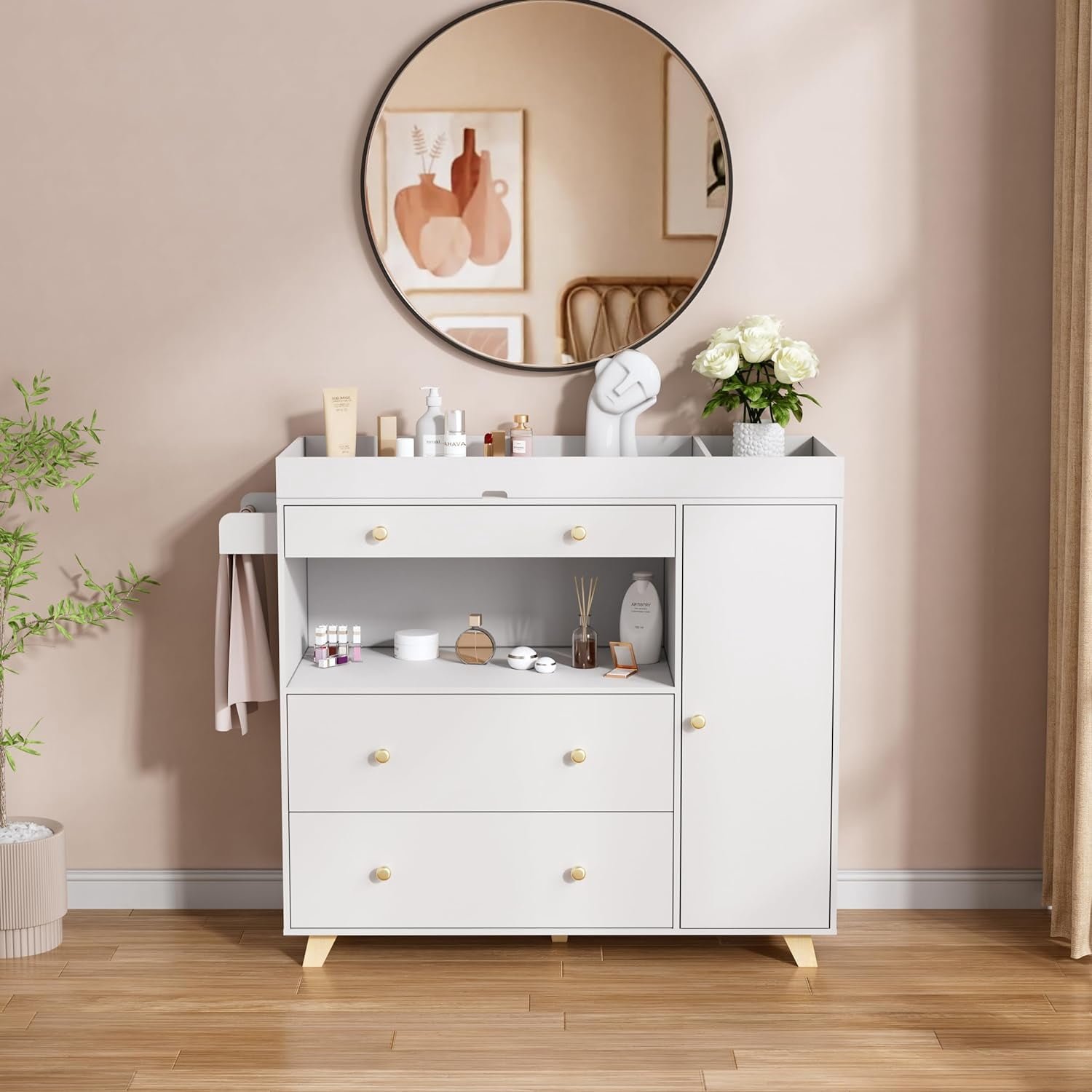 PAKASEPT 43" Changing Table Dresser, Baby Classic Nursery Dresser with 3 Drawers and 1 Cabinet, Multi-Functional Baby Changing Table