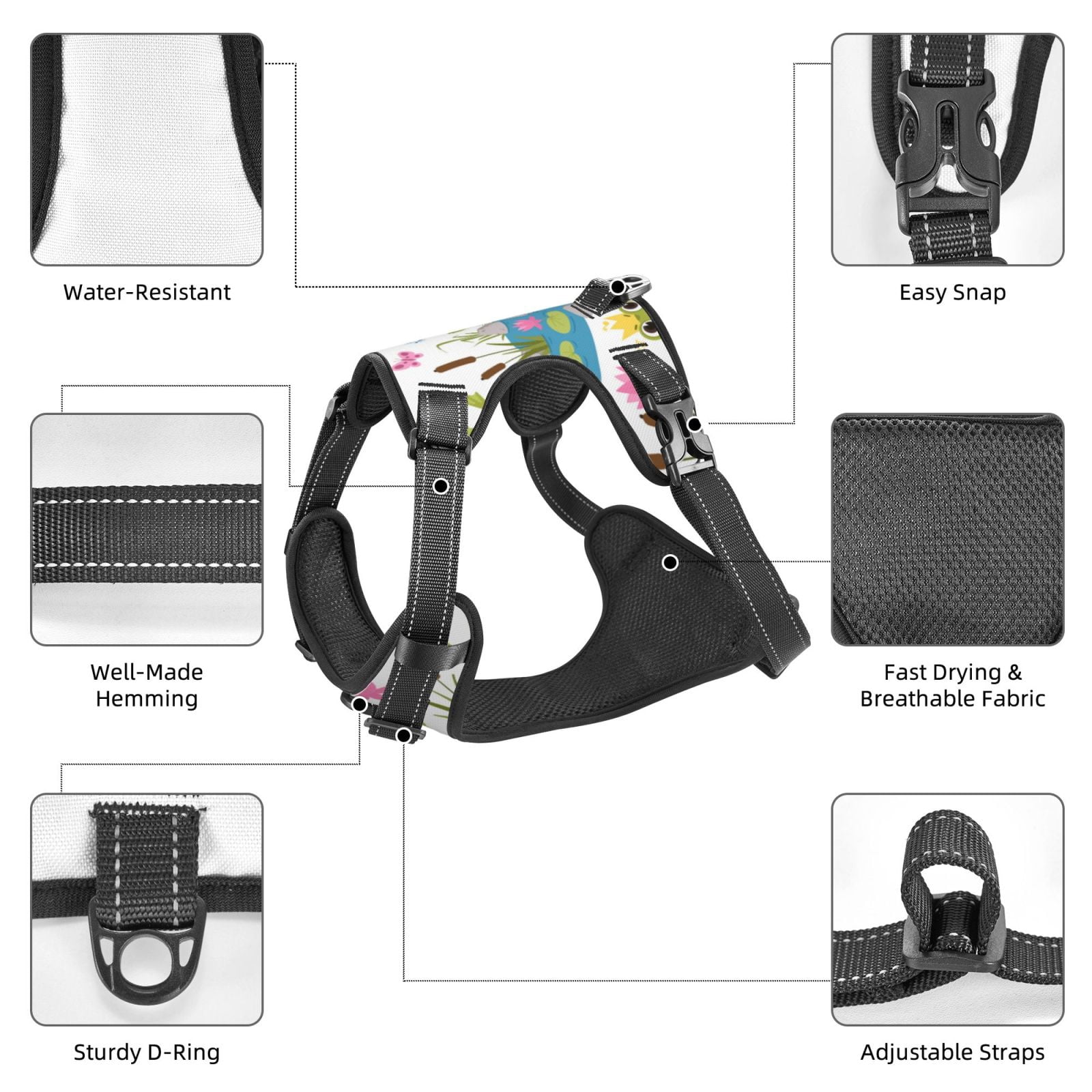 Fuzoiu Cartoon Frogs Print Reflective Dog Harness,Adjustable, Breathable Pet Vest,Dog Harness No Pull,No Choke Pet Vest for Small, Medium, and Large Dogs-Small