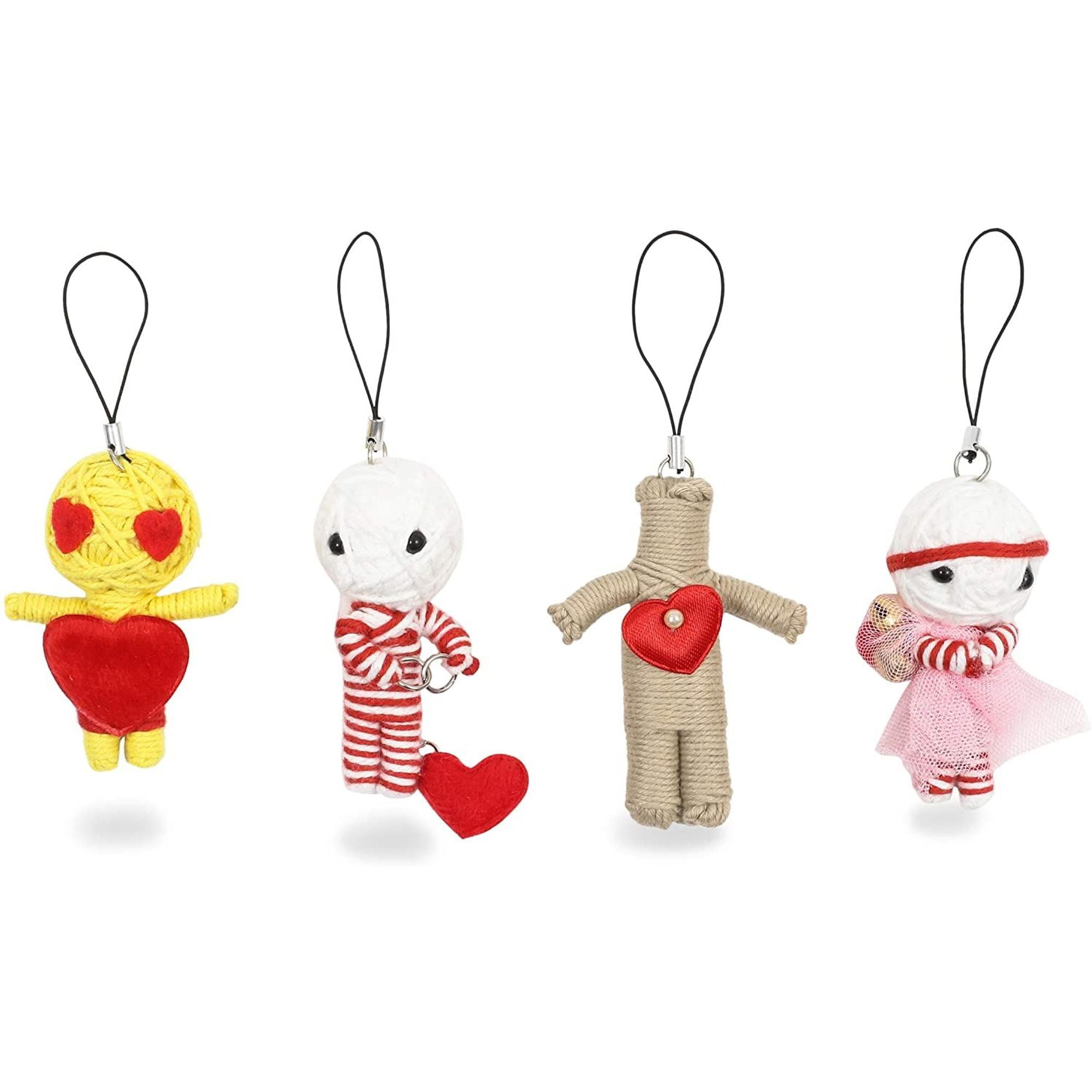 Set of 4 Voodoo String Doll Keychains, Mini Ornament Charm Accessories