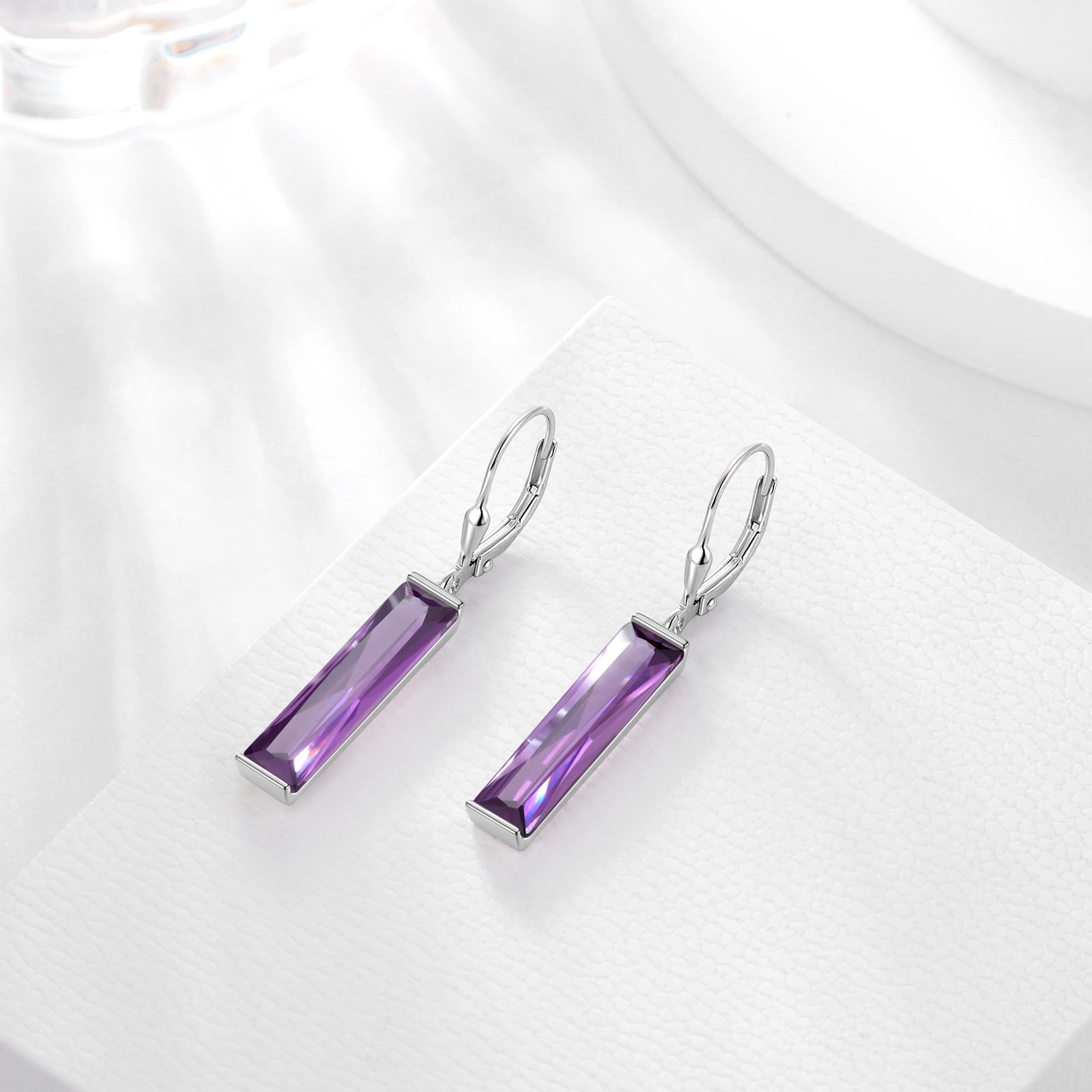 Juwaliy Leverback Dangle Earrings Sterling Silver Women Earrings February Birthstone Amethyst Purple Jewelry Christmas Valentine's Day Gift