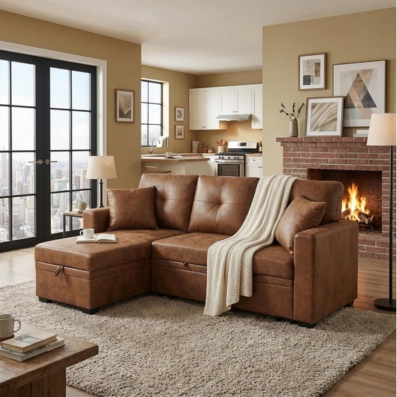 JERBOR Tufted Sectional Sleeper Sofa Pull Out Couch Bed - Modern Upholstered L Shaped Convertible Sofa Bed with Chaise Lounge and Storage for Living Room