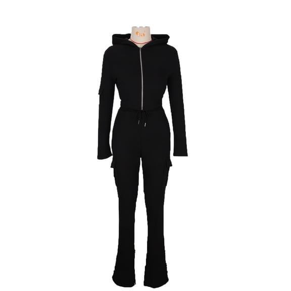 Women's Fall Hooded 2-Piece Tracksuit Full-Zip Top   Cargo Pocket Flared-Leg Pants with Drawstring Waist