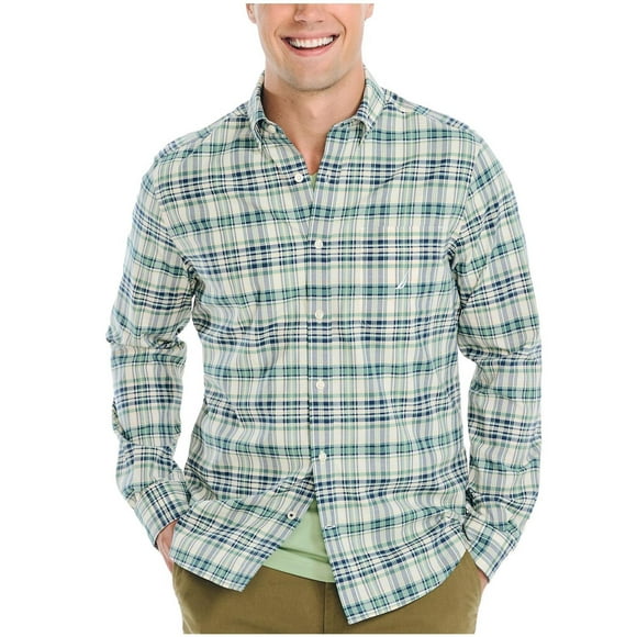 Nautica Chemise à Carreaux pour Hommes Manches Longues Extensible Boutonnée, Vert, Petit