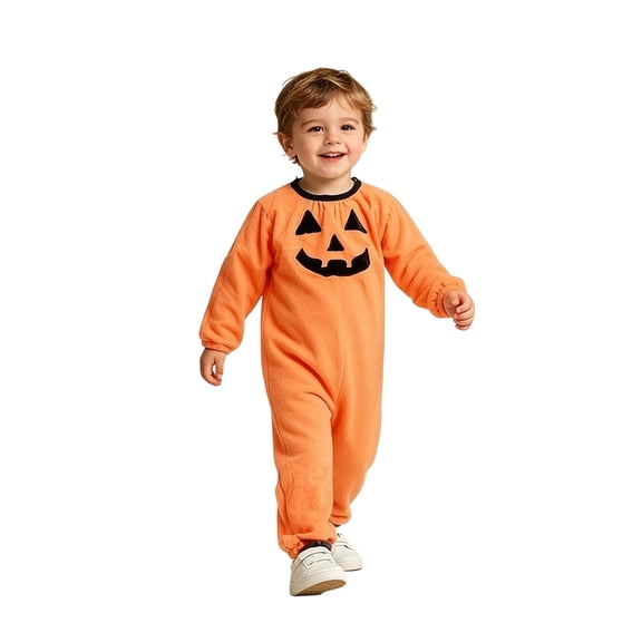 Krdevn Kids Halloween Crew Neck One Piece Jumpsuit Unisex Classic Jack O Lantern Face Embroidery Cosplay Onesie with Sleeves and Ankles 0-6 Months,Orange