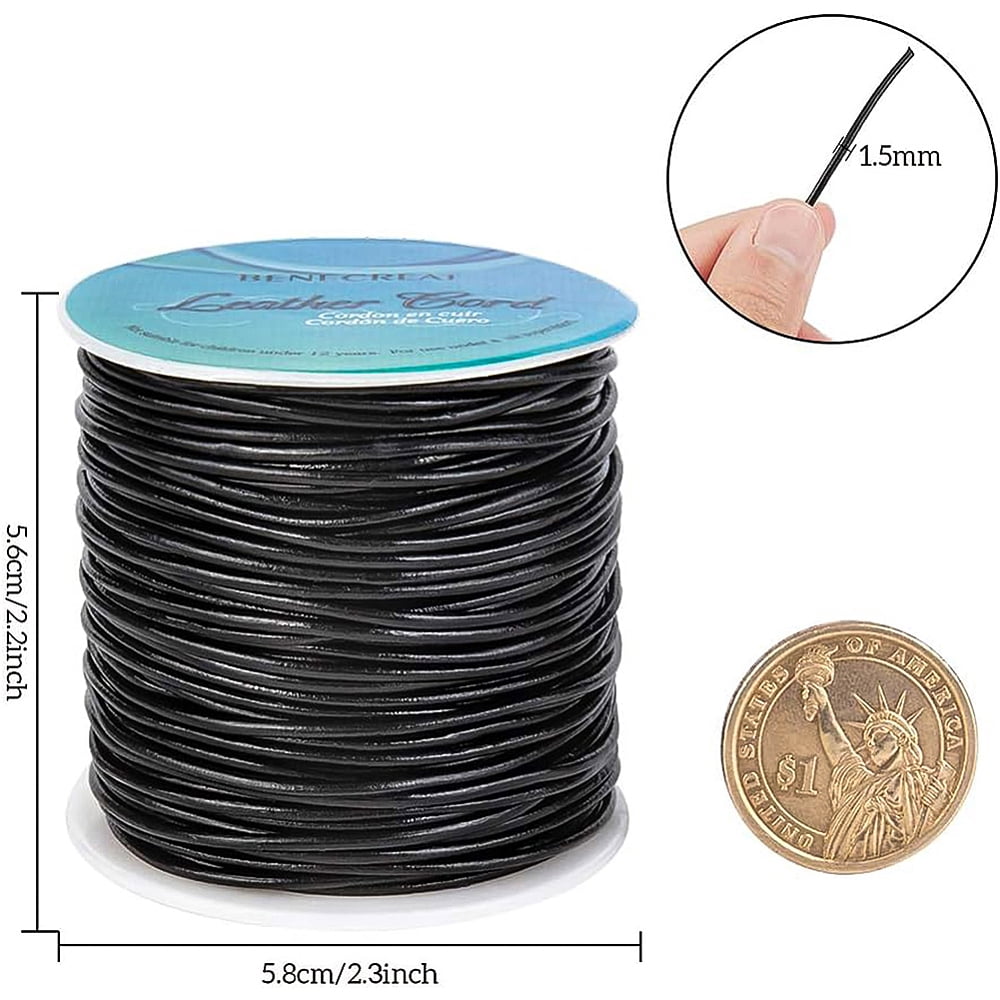 1Roll 1.5mm 50 Yards Round Leather Cord Black Genuine Leather Cord Leather String for Bracelet Neckacle Beading Jewelry Making DIY Crafts