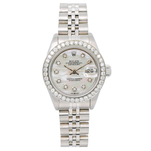 Pre-Owned Rolex Datejust 26MM 6917 White Mother of Pearl Diamond Dial Diamond Bezel Stainless Steel Jubilee Bracelet