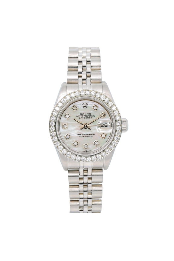 Pre-Owned Rolex Datejust 26MM 6917 White Mother of Pearl Diamond Dial Diamond Bezel Stainless Steel Jubilee Bracelet