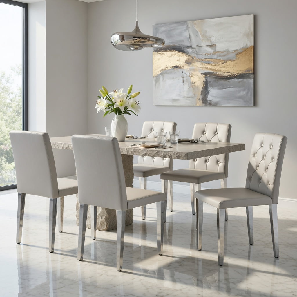 Hommoo 4-Pack PU Leather Dining Chairs with Ergonomic Buckle Backrest & Metal Legs, 35 in Tall, Commercial-Grade Comfort for Restaurants, Cafes & Home Dining, Light Gray & Sliver