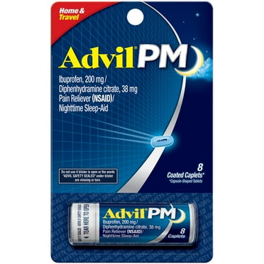 Advil PM Sleep Aid Pain Relievers, Ibuprofen, Diphenhydramine, Coated Caplet, 8 Count