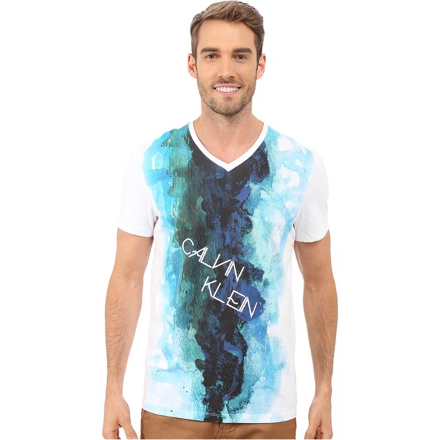 Calvin Klein - Camiseta gráfica con logo de acuarela para hombre, color blanco, grande Calvin Klein Camiseta gráfica