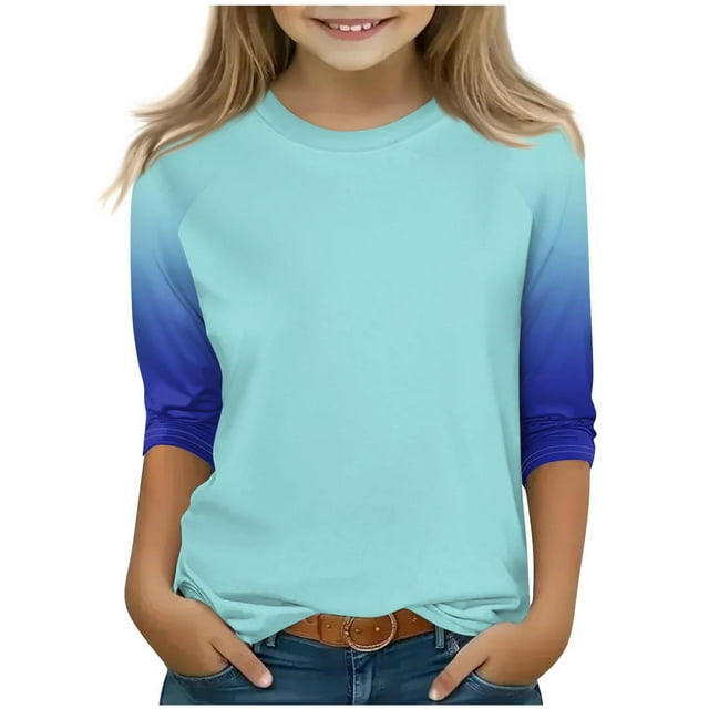 SERTG T-Shirt Mode Enfant Col Rond Manches 3/4 Imprimé Col Rond pour Été et Printemps 4-15 Ans (Vert Menthe3,13 Ans)