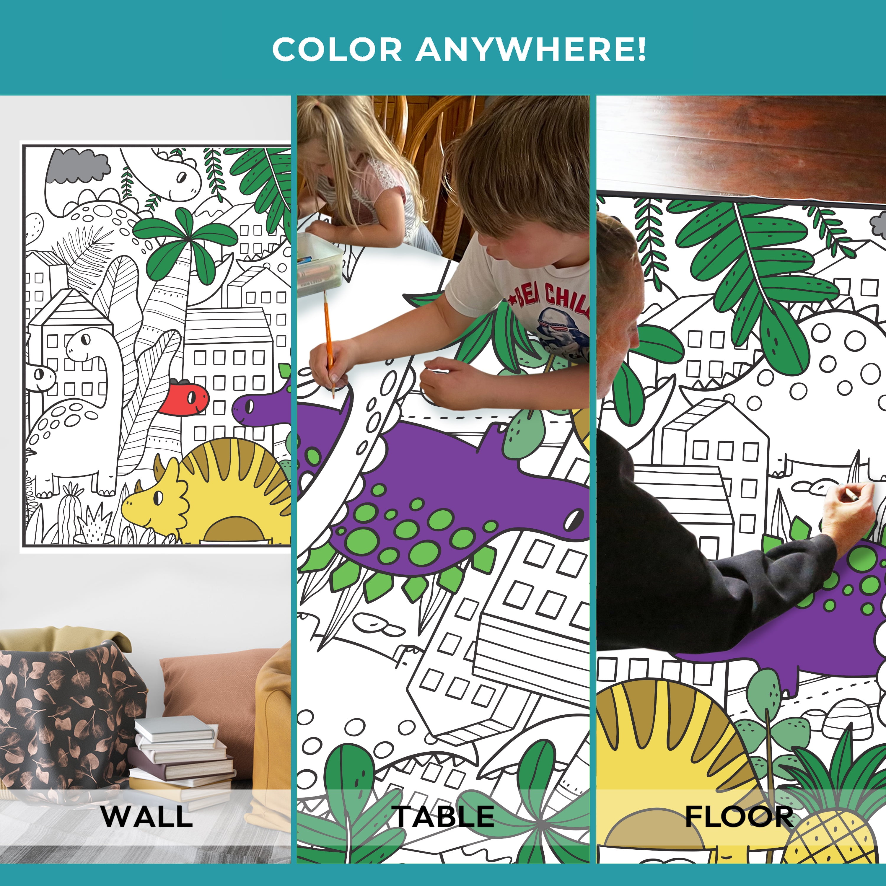 Giant Coloring Poster - Premium Jumbo Coloring Sheets for Kids & Adults with Thick Bleed-Resistant Pages, Use on Floor, Wall, or Table, Use With Alcohol Based Markers (60” x 42”, Dino)