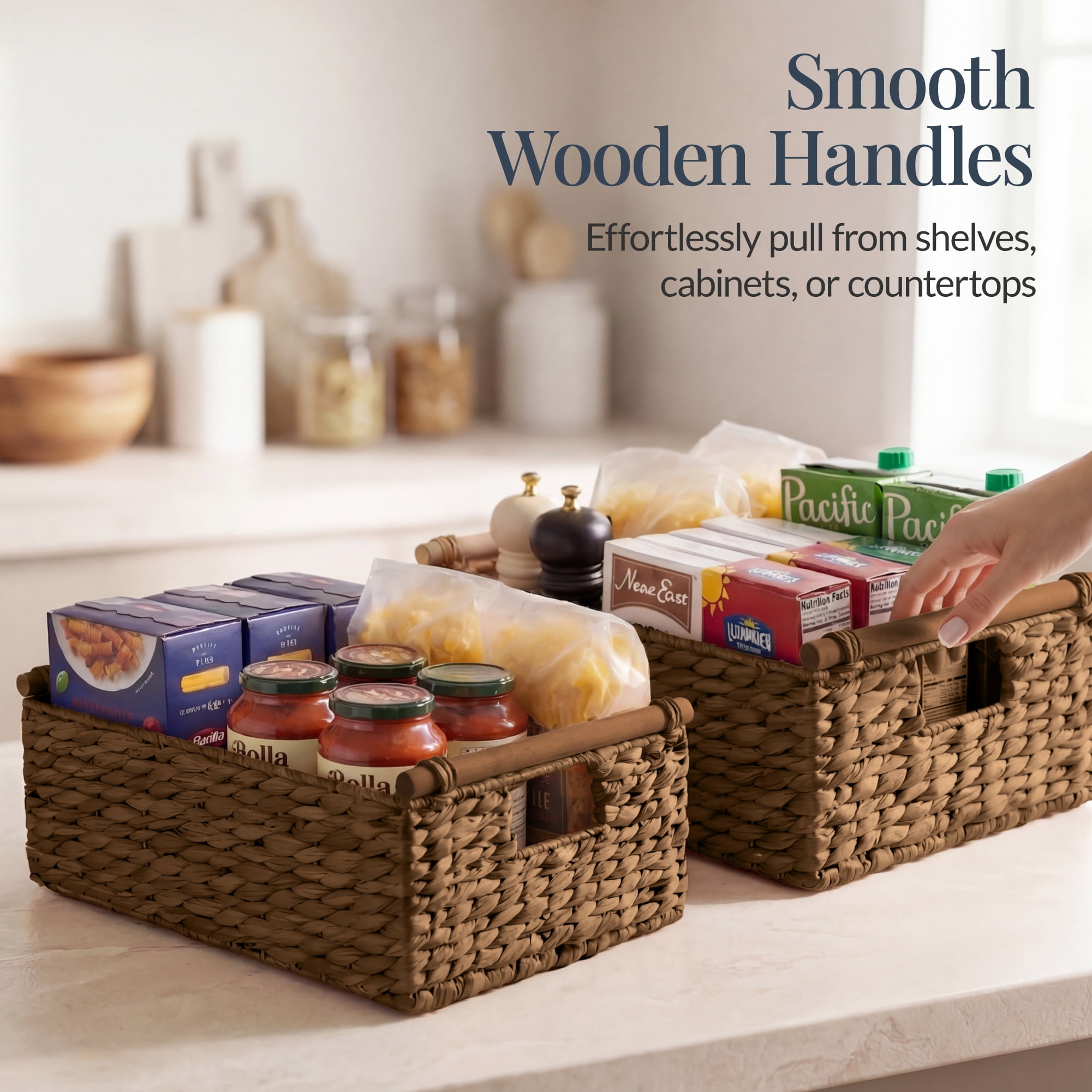 Best Choice Products Wicker Storage Basket, Shelf Basket w/ Wooden Handles, Rectangular Storage Bin - Chestnut