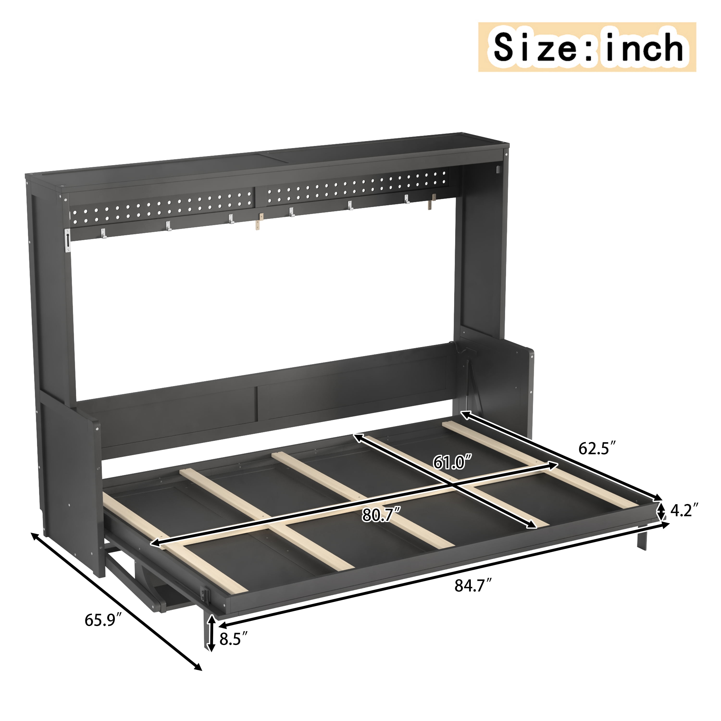 Leumius Queen Size Murphy Bed with Storage & Charging Station,Modern Murphy Cabinet with Desk,Multifunctional Storage Cabinet Bed with Foldable Panel for Guest Bedroom, Living Room, Office,Dark Gray