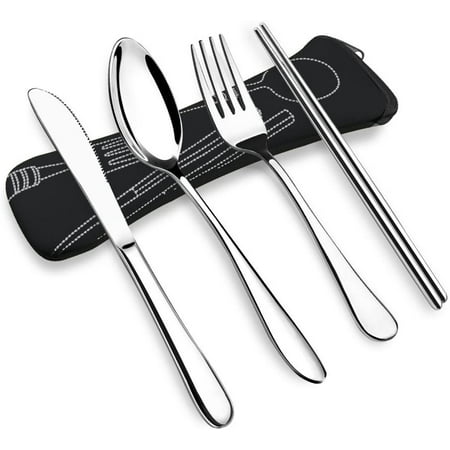 4 Pc Stainle Steel Travel Camping Uten il , Reu able Flatware Cutl y ...