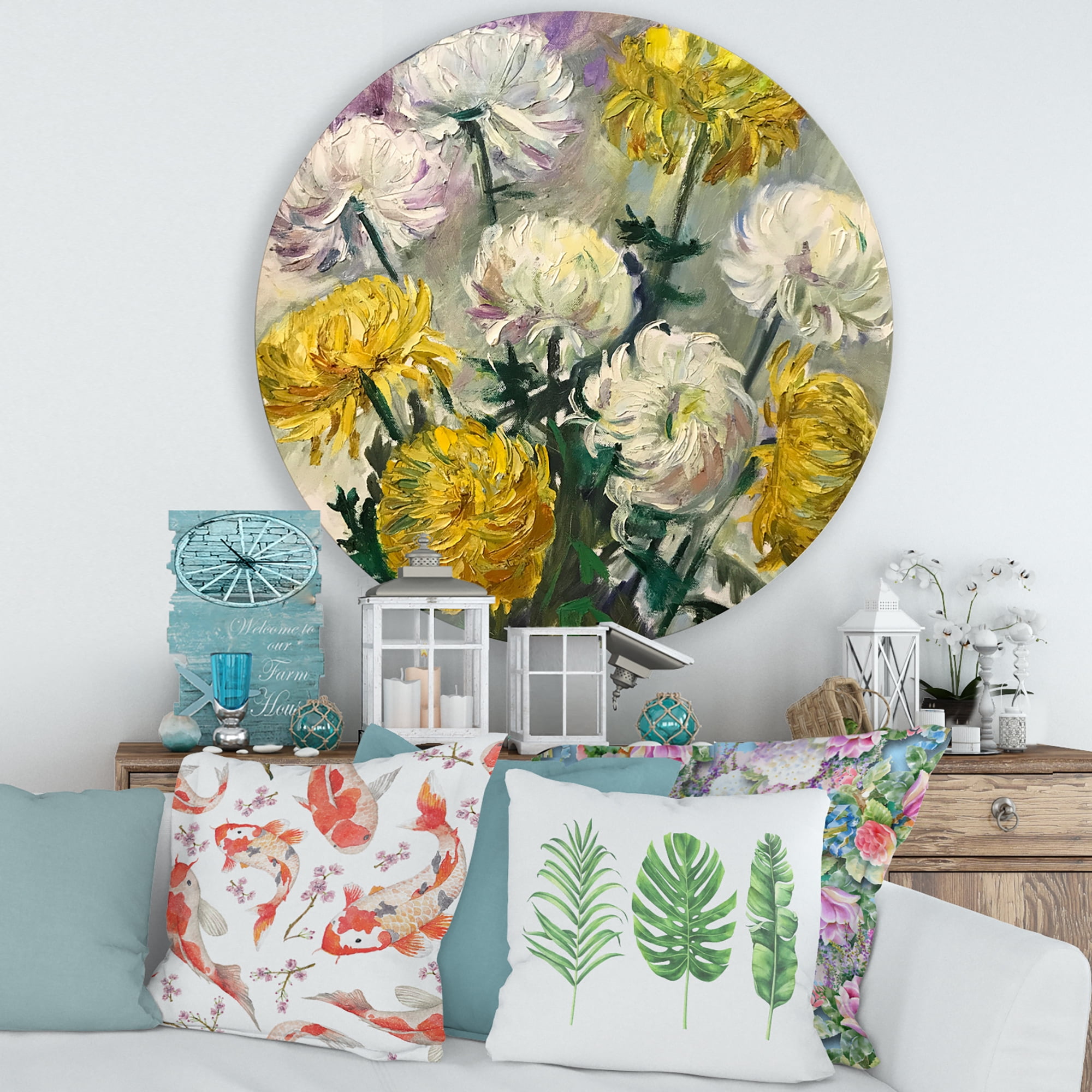 Designart 'Golden and White Daisies' Traditional Circle Metal Wall Art 29x29 - Disc of 29