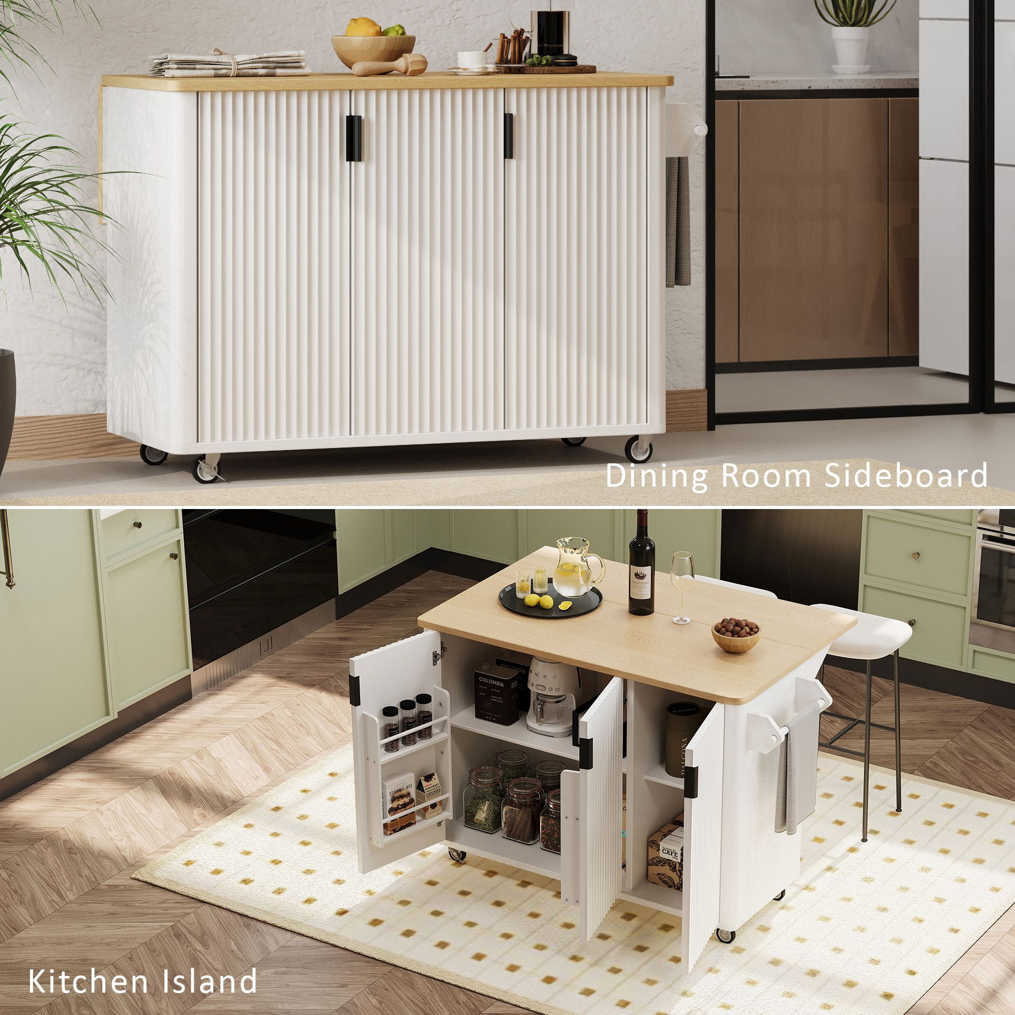 Alvantor 51" Fluted Kitchen Island with Storage, Drop Leaf Cart, Towel Rack, White Ash