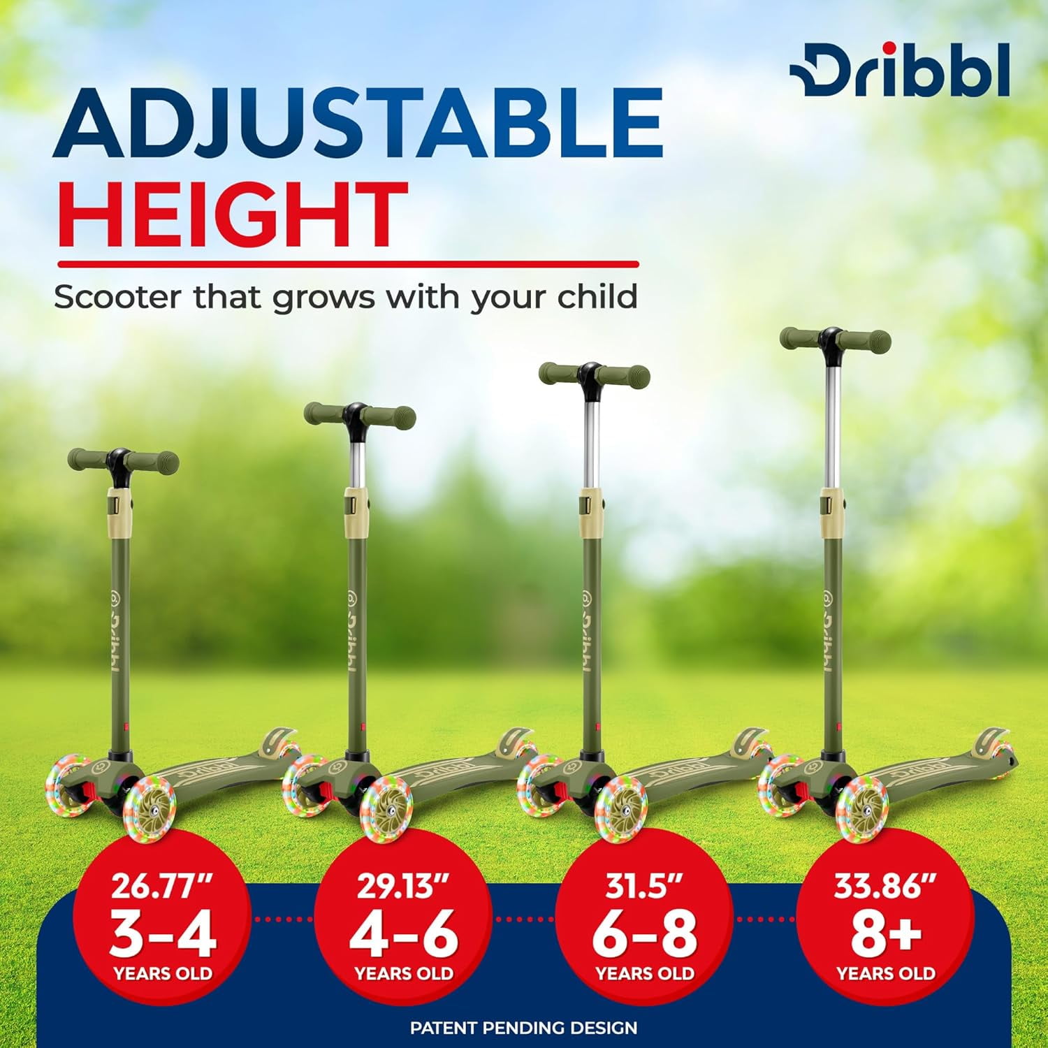 Dribbl 3-Wheel Kids Scooter - Lean-to-Steer Technology, Adjustable Height Handlebar, Wide Anti-Slip Deck, Scooter for Boys & Girls Ages 2+, Child Safety Approved, Support Riders Up to 165 lbs, Army
