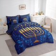 thumbnail image 3 of Feelyou Western Happy Chanukah Bedding Comforter Set 7pcs, Menorah Dreidel King Bedding Sets, Blue Olive Branch Reversible Bed Sheets, Microfiber Bedroom Decor, 3 of 7