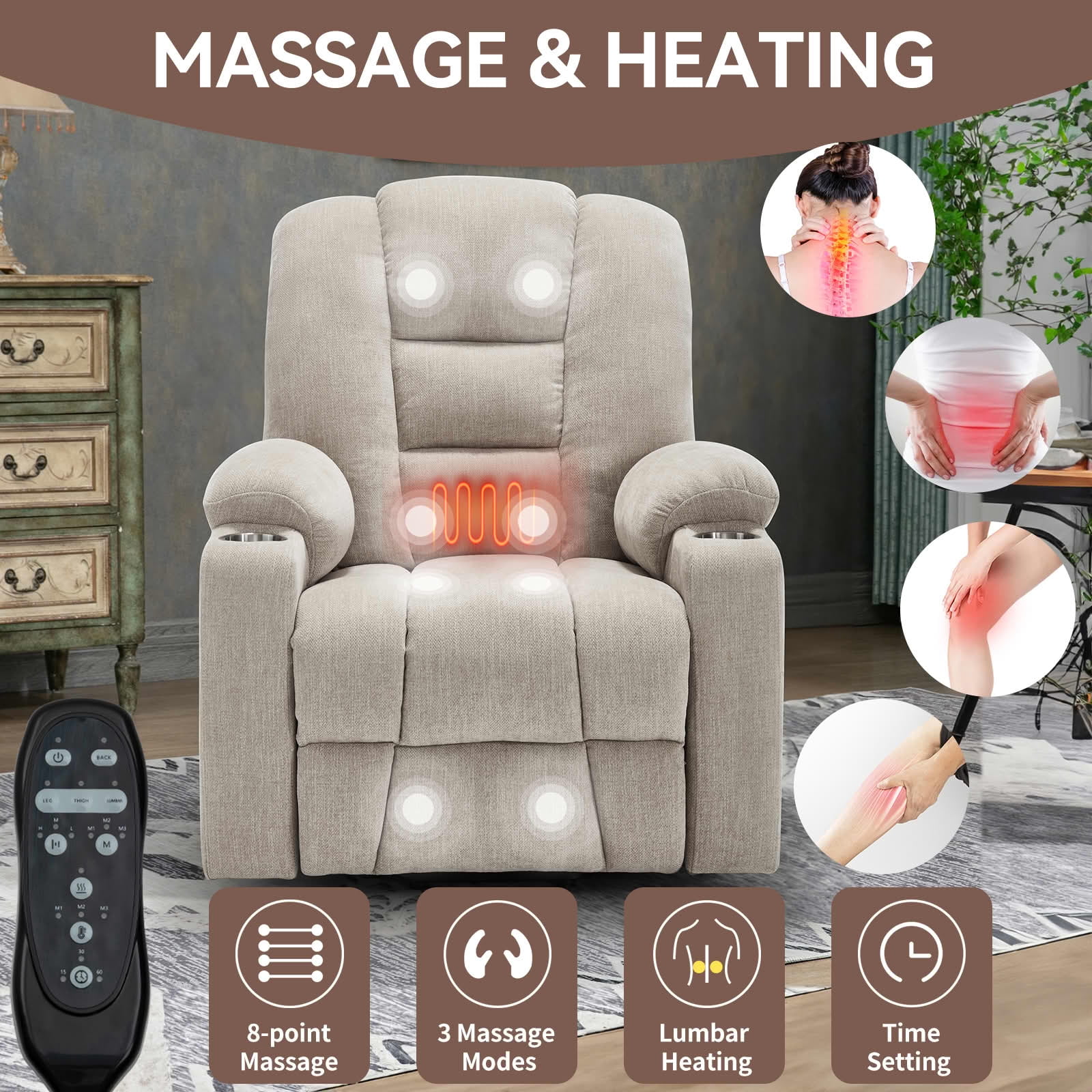 MAYEERTY Beige Chenille 350lbs Power Lift Recliner, Massage Heat USB-C 34"x39"x42" Wide Overstuffed for Elderly