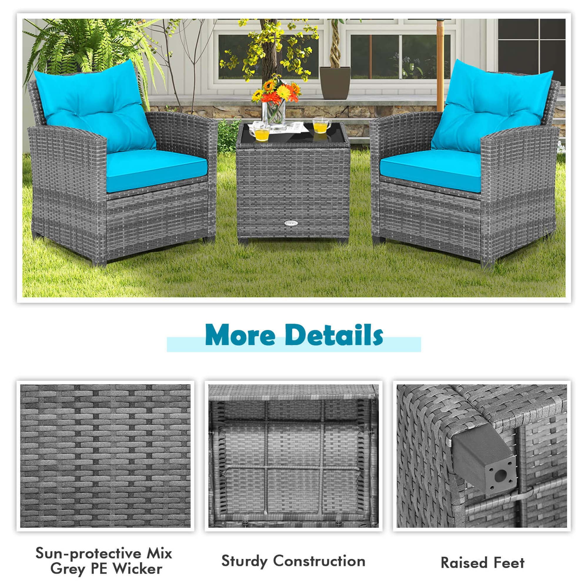 Costway 3-Piece Rattan Outdoor Patio Dining Set with Side Table Armrest, Gray/Turquoise