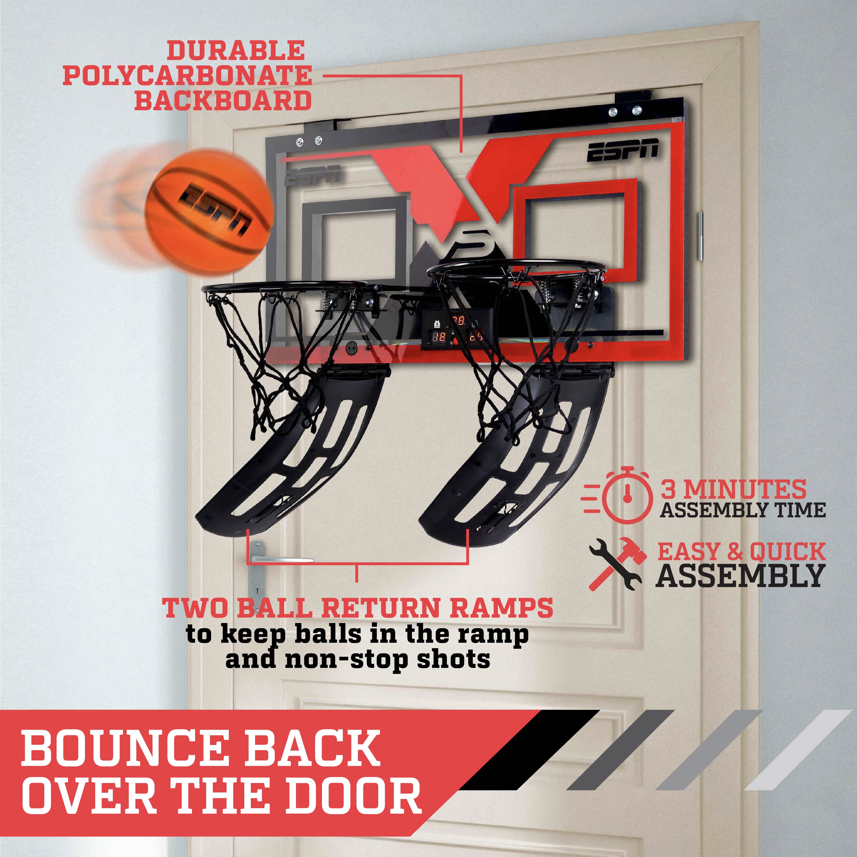 ESPN 2-Player 23 inch Foldable Bounce Back Over the Door Basketball Game - image 3 of 9