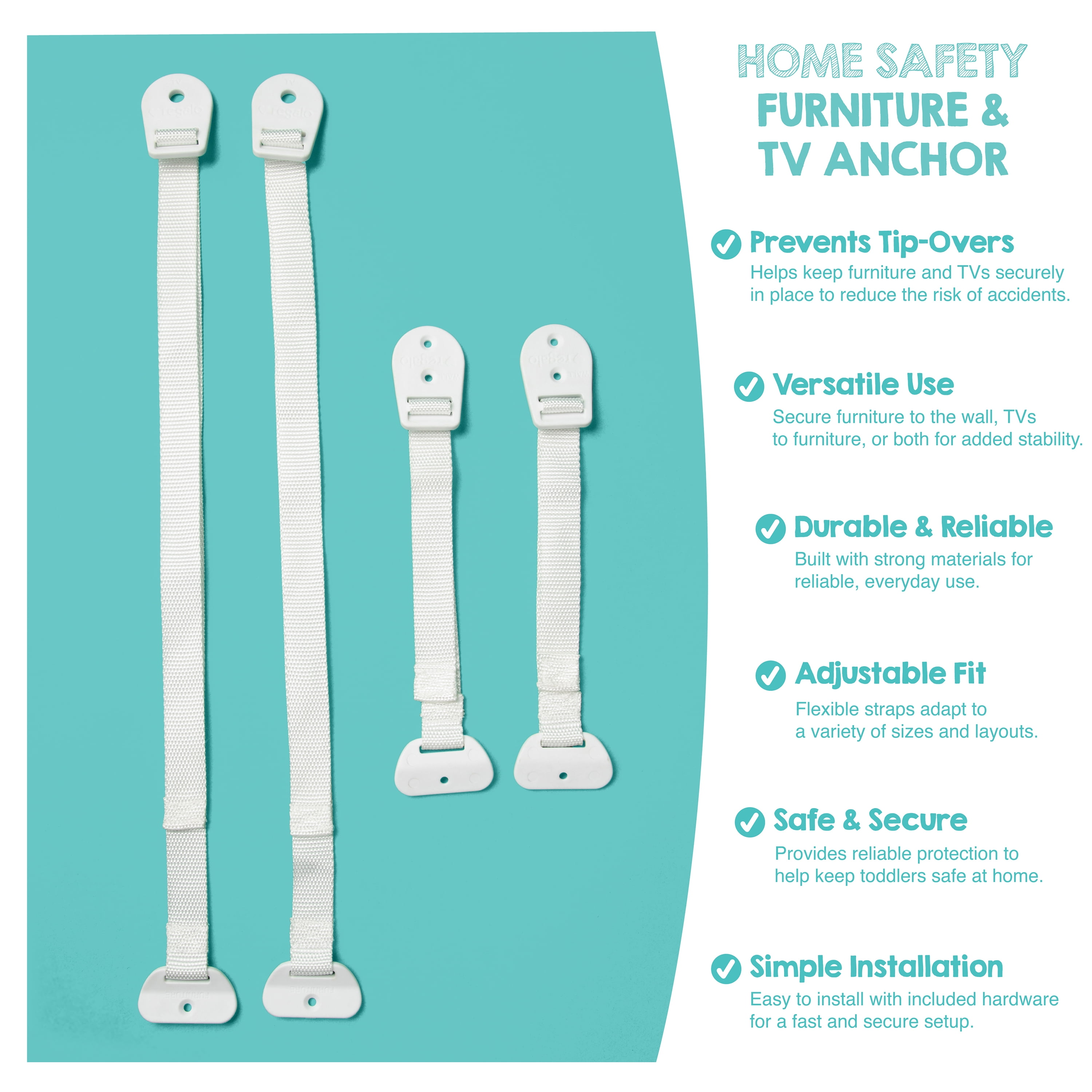 Regalo Anti-Tip Furniture Anchors for Child Safety, Furniture & TV Safety Straps for Dressers, Cabinets & TVs, 2 Pack