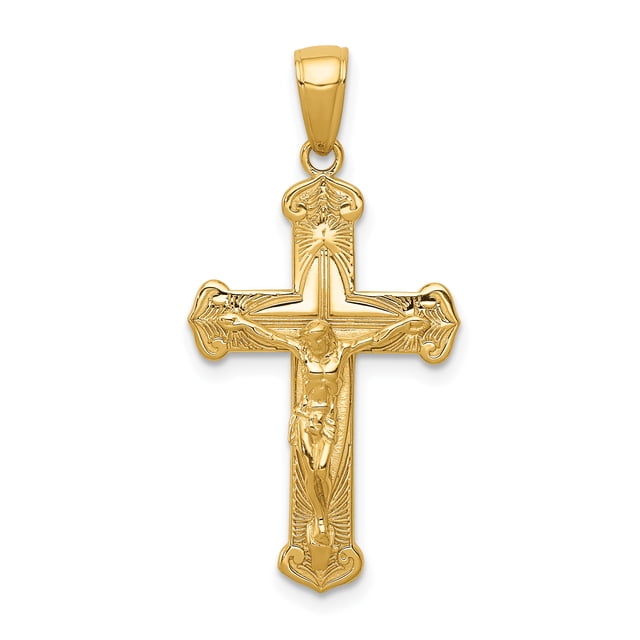14K Yellow Gold Gold Polished & Textured Crucifix w/Jesus on Engraved Cross Pendant