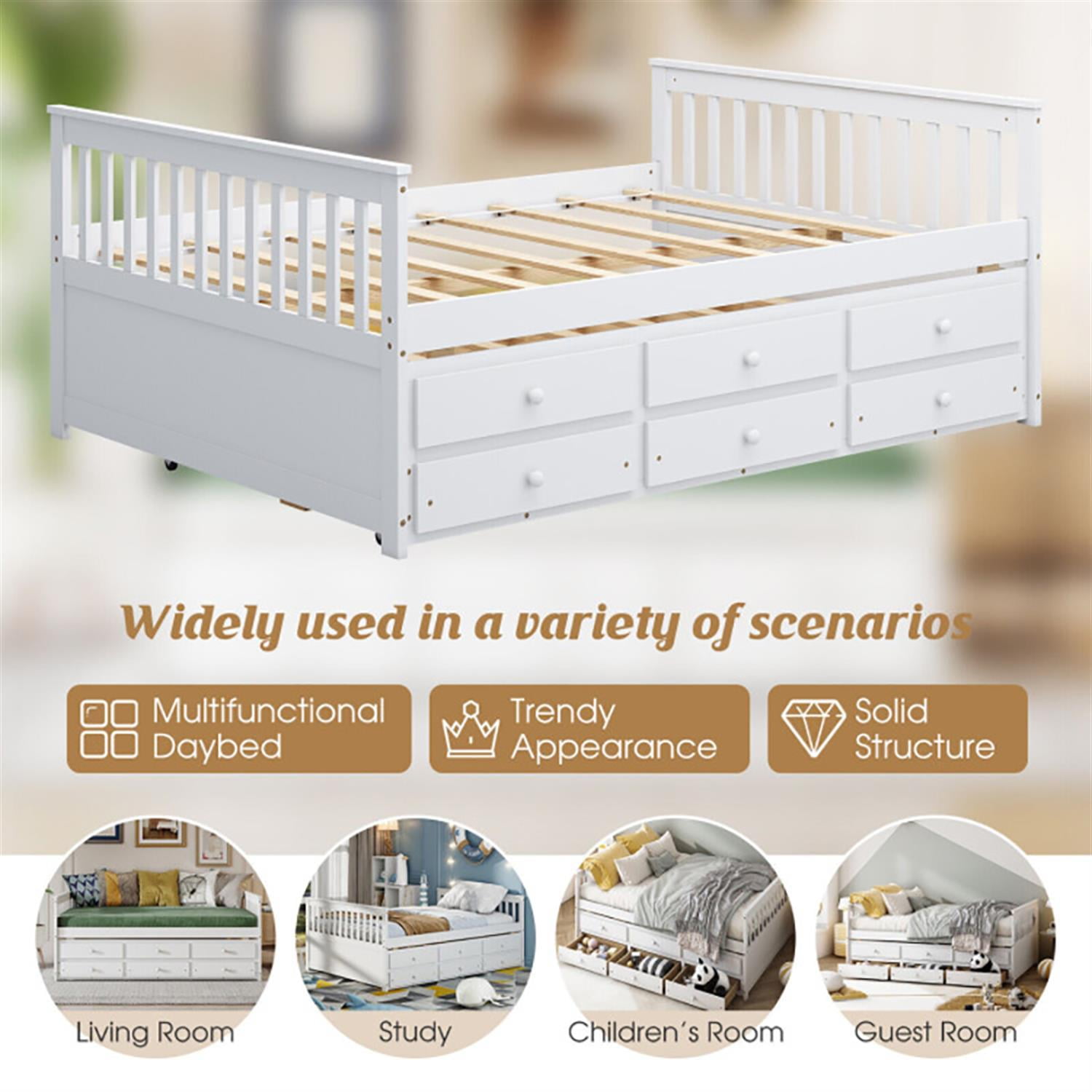 Demi Bonn Full Size Wood Daybed Frame with Trundle Bed and 3 Storage Drawers, Modern Bed Frame for Teens, White