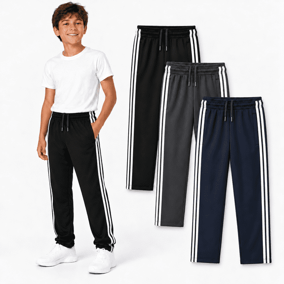 DARESAY Boys Mesh Athletic Pants 3-Pack, Lightweight Quick-Dry Active Pants with Pockets & Adjustable Drawstring, Sizes 4-16