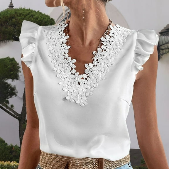 sunsanly Women Summer Shirt V-neck Lace Flower Splicing Ruffled Sleeves Tee Shirt Slim Fit Solid Color Pullover Tops Streetwear