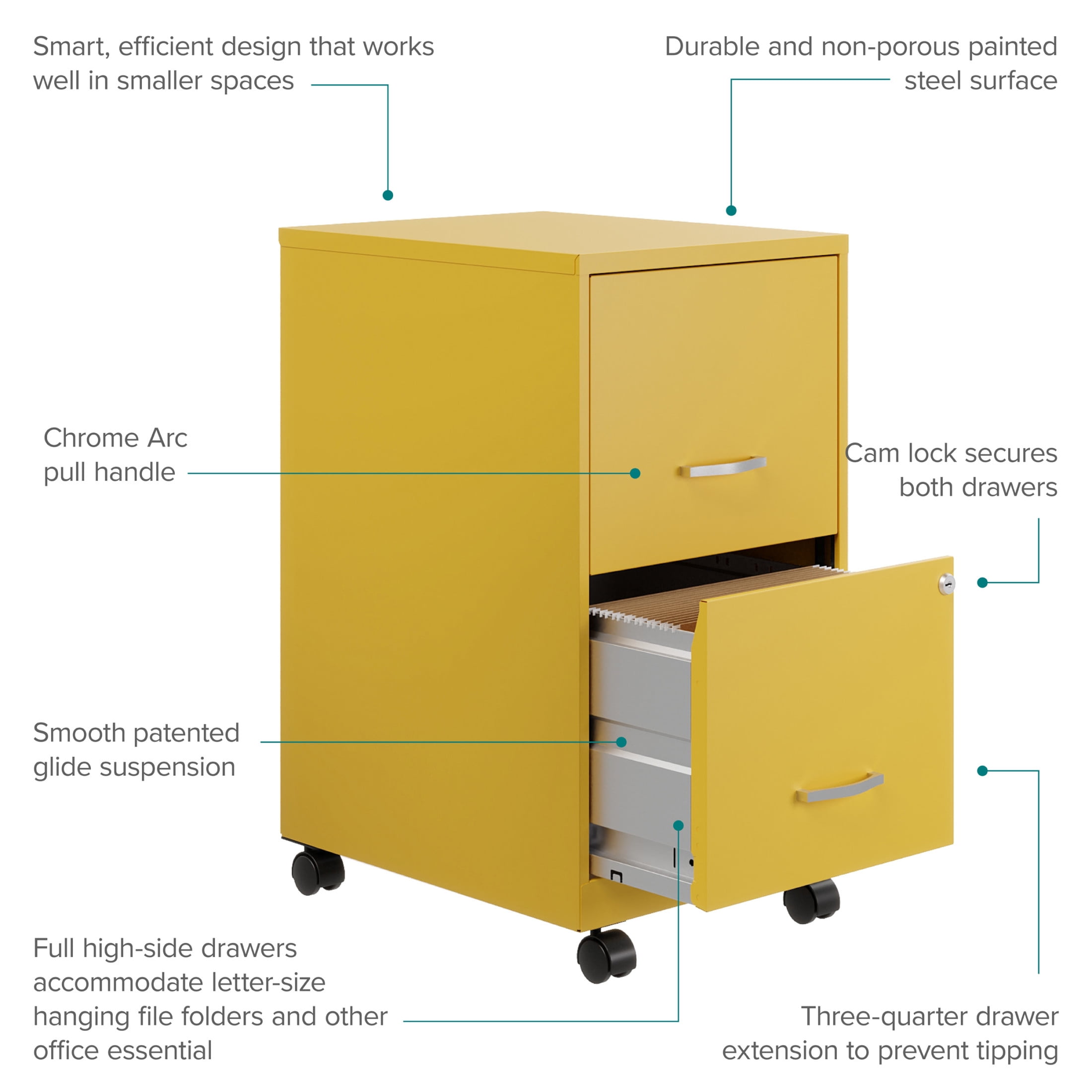 Space Solutions 18" Deep 2 Drawer Mobile Letter Width Vertical File Cabinet, Yellow