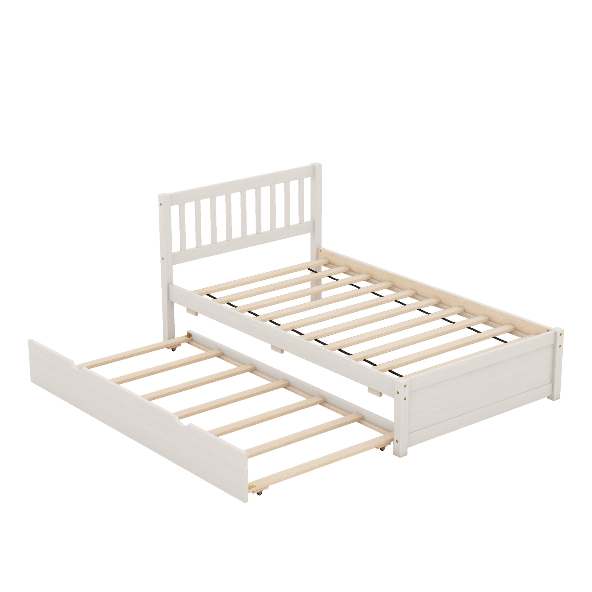 Aukfa Twin Platform Bed with Trundle Bed, Wood Bed Frame for Kids - White