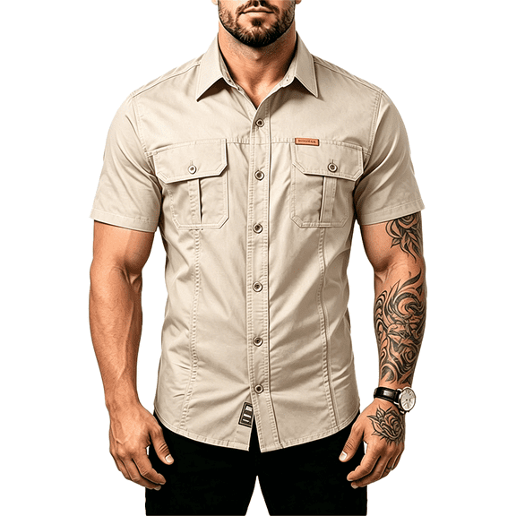 Men's 100% Cotton Short Sleeve Button Down Shirt, Casual Outdoor Work Shirt with Chest Pockets, Regular Fit for Daily Wear and Adventure