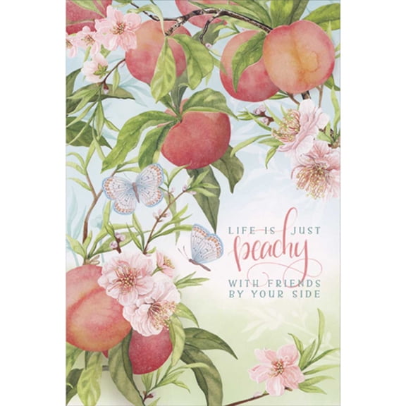 Pictura Life is Just Peachy: Blue, Pink and White Butterflies Near Peaches on Tree Birthday Card for Friend