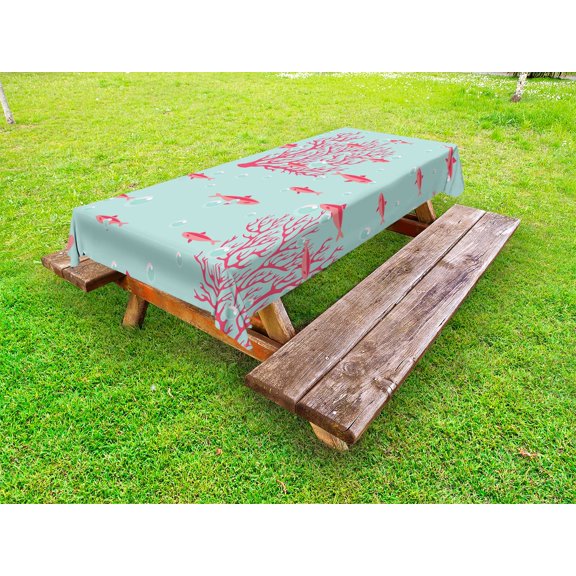 Coral Outdoor Tablecloth, Aquatic Pattern with Little Cute Fishes and Coral Reef Bubbles Water, Decorative Washable Fabric Picnic Table Cloth, 58 X 84 Inches,Coral Dark Coral Baby Blue, by Ambesonne