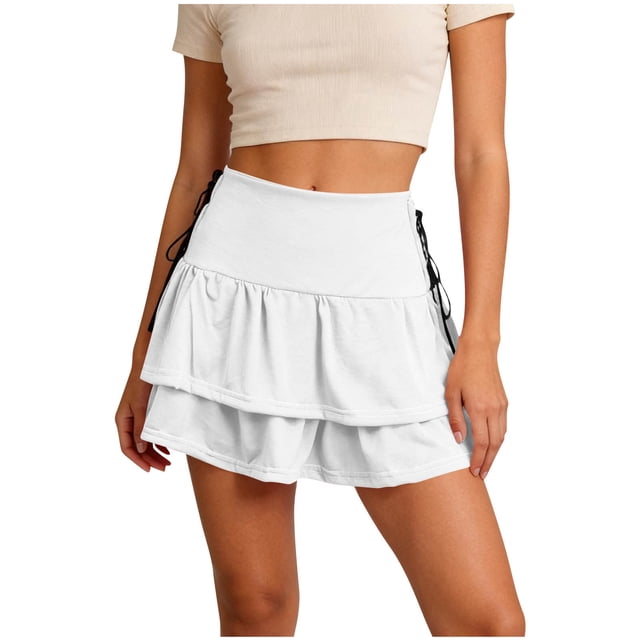 TaTaai Women's Solid High Waisted A-Line Mini Skirt Tiered Ruffle Tie Waist Double Layer Hem Vintage Style for Casual Summer Daily Wear Gift