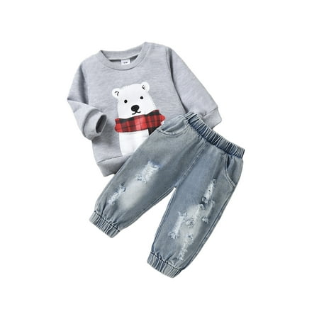 

Liliz Baby Girls Boys 2 Pieces Outfit Cartoon Polar Bear Print Tops + Ripped Jeans
