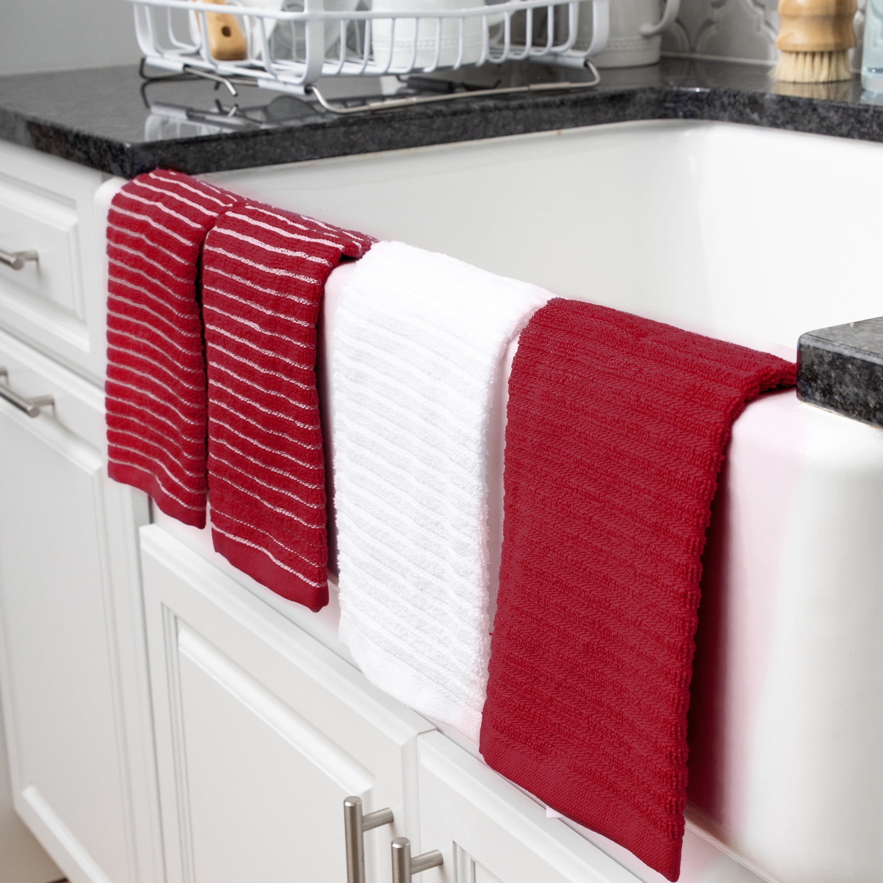 Ritz Red Cotton Terry Horizontal Stripe Bar Mop Dish Cloth Set of 6