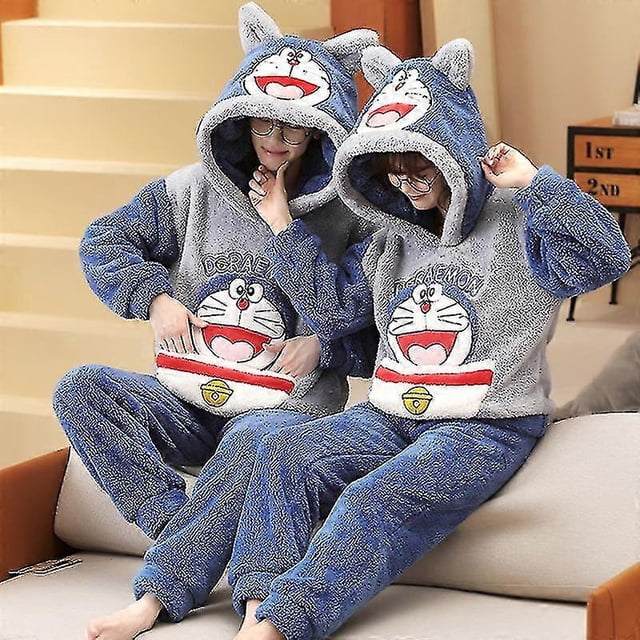 Conjunto de pijamas para parejas, pijamas para mujeres y hombres, pijamas para adultos, pijamas gruesos de invierno con capucha, ropa de dormir con dibujos animados de Doraemon, ropa de hogar holgad