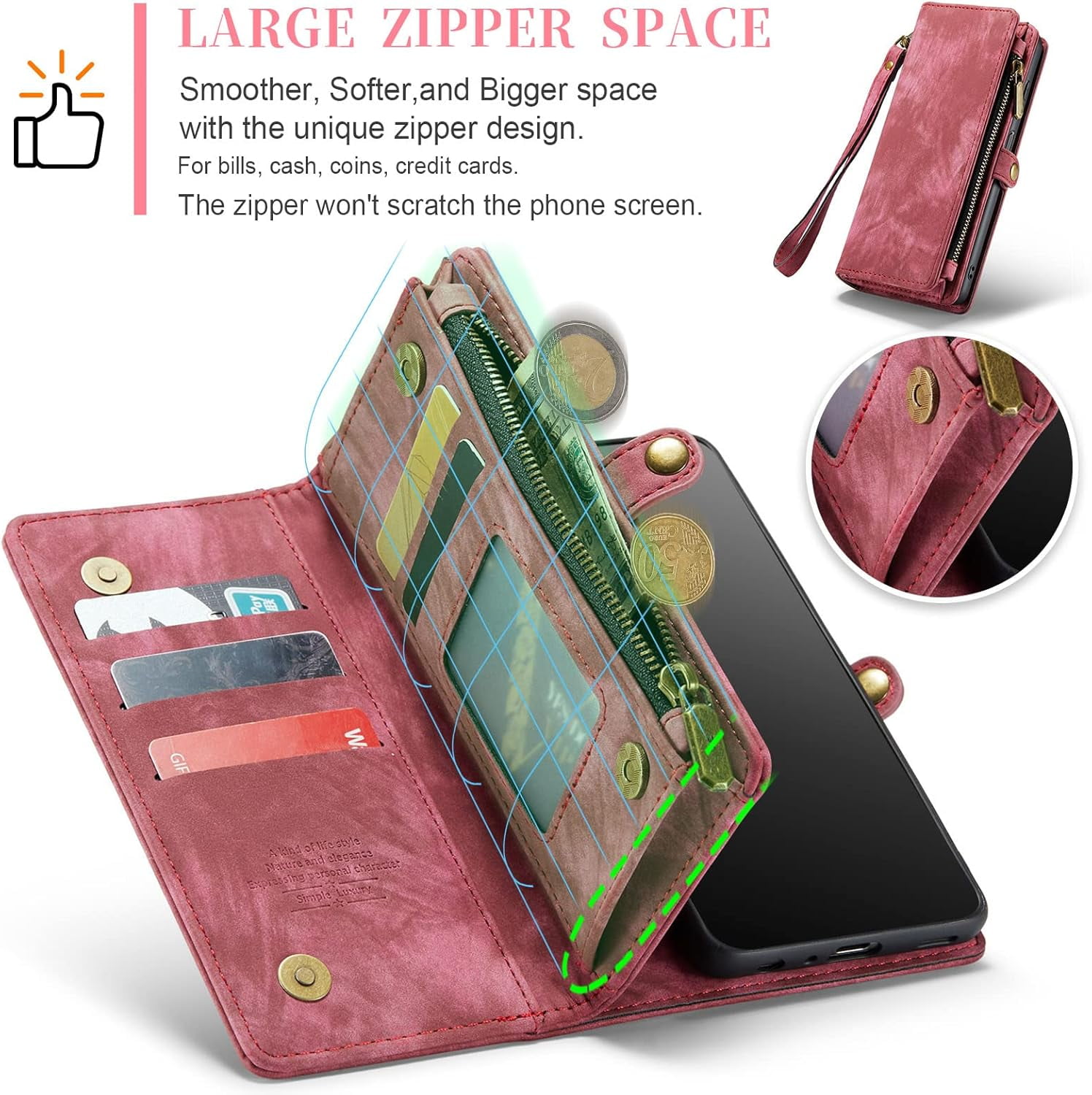 Phone Case for Samsung Galaxy A13 5G Zipper Wallet Detachable Cover with Tempered Glass Screen Protector and Flip Card Holder Cell Accessories Gaxaly A 13 G5 2022 13A A135G SM A136U Men Red
